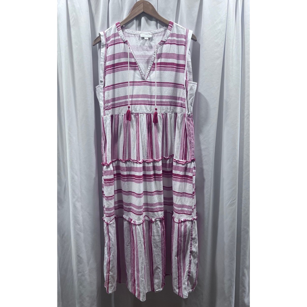 Charter Club Pink White Striped Tiered Maxi Dress Sleeveless Tassel V-Neck Large